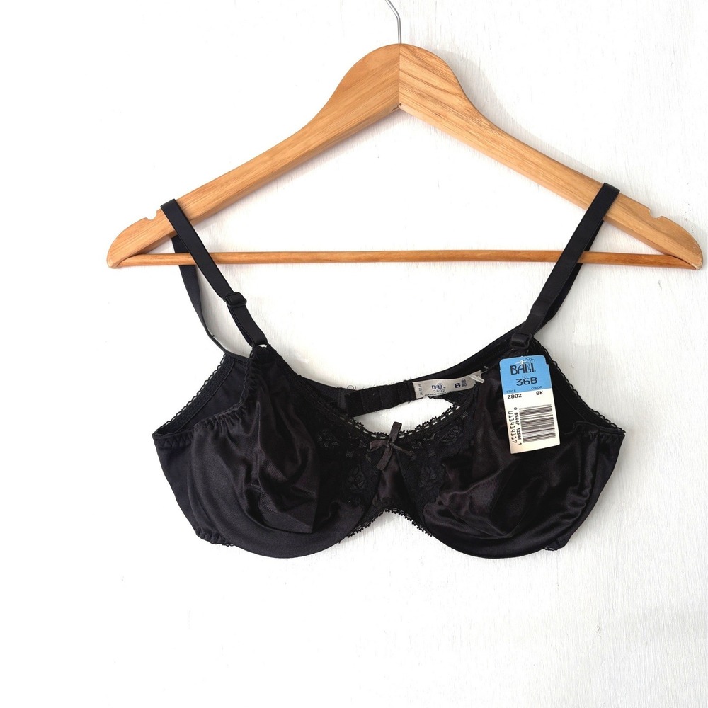 Bali Vintage Underwire Bra 36B Black Lace Trim Satin 2802 New With Tags